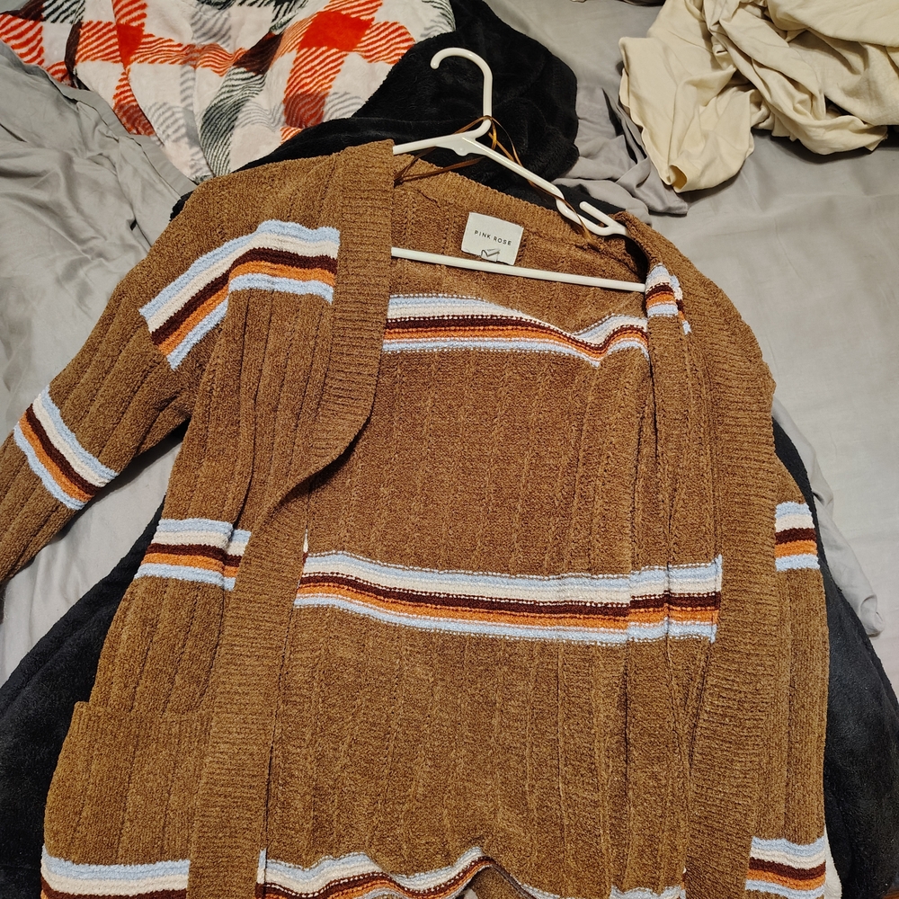 Pink Rose Brown and White Striped Cardigan